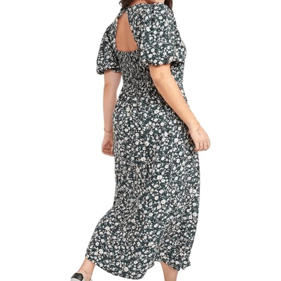 Old Navy Womens Puff Sleeve Midi Dress Size Navy Floral Side Slit Smocked S - Picture 8 of 8